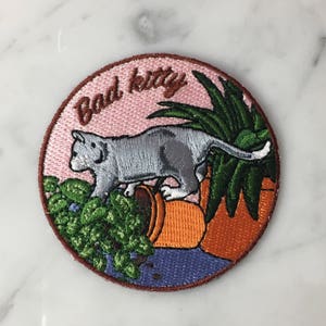 Bad Kitty Cat Patch - Iron On Embroidered Patches - Gift for Cat Lady - Plant Lady - Grey / Gray Kitten - Patch for Jacket - Wildflower + Co