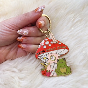 Frog & Mushroom Keychain - Home Sweet Home Cottagecore - Cute Enamel Keychain / Key Chain / Bag Charm - Strawberry Daisy - Frog Gift
