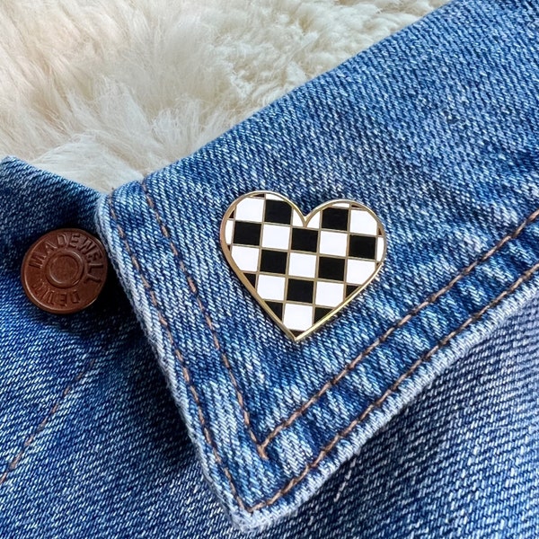 Checkered Heart Enamel Pin - Black & White, Pink, or Lilac and Lime Green Checker Print - Cute Enamel Pin - Wildflower + Co. Jewelry Gifts