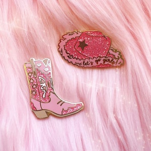 Pink Cowgirl Boot Enamel Pin - Cowgirl Hat Enamel Pin - Space Cowgirl - Disco Cowgirl Bachelorette Party - Cowboy Southwest - Let's Go Girls