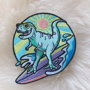 Surfing Dinosaur Patch - T-Rex - Surf - Wave - Beach Iron On Embroidered Patches - Coconut Girl - Wildflower + Co. DIY