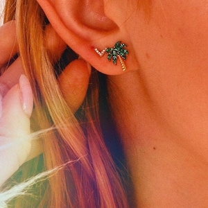Palm Tree Earrings | Palm Tree Stud Earrings | Plant Earrings | Summer Earrings | Dainty Crystal & Gold | Coconut Girl Aesthetic Earrings