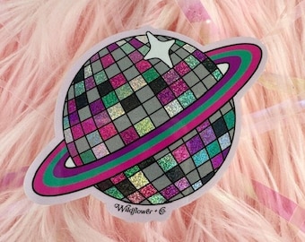 Planet Disco Glitter Sticker - Holographic Glitter Vinyl - Water Bottle Laptop Stickers - Stocking Stuffer - Disco Sticker - Wildflower + Co