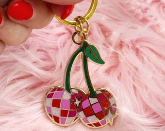 Disco Ball Cherries Keychain - Disco Ball Bag Charm - Cherry Fruit Disco Themed Hard Enamel Keychains - Cute Gifts - Keyrings - Wildflower