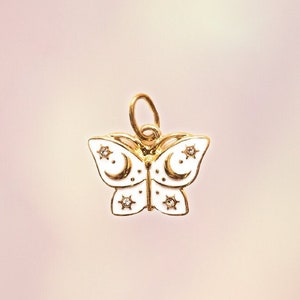 Butterfly Charm - Pendant, White Enamel & Gold - Crescent Moon - Wildflower + Co.