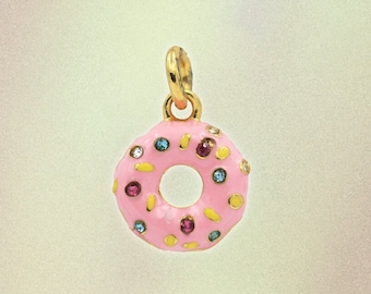 Donut Charm - Pendant, Pastel Pink Frosting & Rainbow Sprinkles - Gold