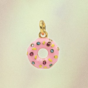 Donut Charm - Pendant, Pastel Pink Frosting & Rainbow Sprinkles - Gold