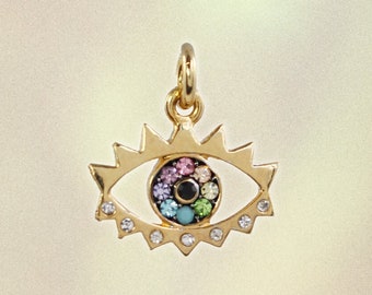 Evil Eye Charm - Dainty Gold & Rainbow Crystals - Design Your Own - Wildflower + Co.