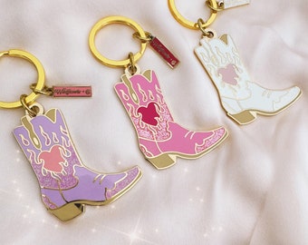 Burning Love Cowgirl Boot Keychain - Pink Lilac White - Cowgirl Boot Keychain - Cowboy Boot - Enamel Keychain - Cute Gifts - Flame Heart