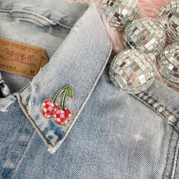 Disco Ball Cherries Pin - Disco Ball Pin - Cherry Fruit Disco Themed Hard Enamel Pins - Cute Gifts - Stocking Stuffers - Wildflower + Co