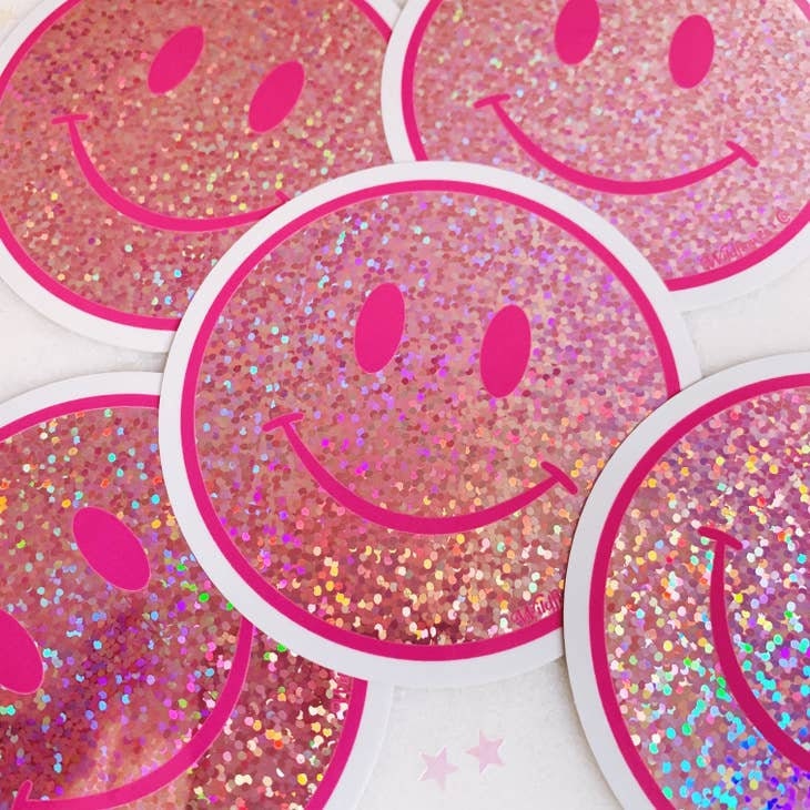 Smiley Face Sticker Pink Glitter Holographic Vinyl Sticker Etsy