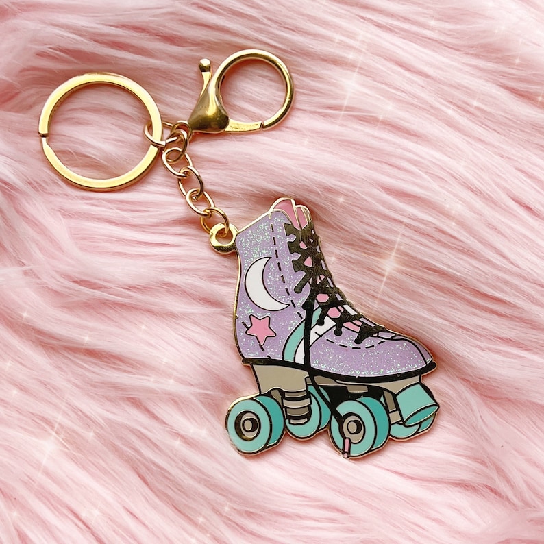 Roller Skate Keychain Roller Derby Roller Disco Celestial, Lilac Glitter Enamel Keychains Bag Charm Key Ring 80s Retro Keychains image 1