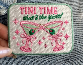 Tini Time - That's the Spirit!  Martini w. Bow Patch - Preppy Pink & Green - Coquette Aesthetic - Wildflower + Co. DIY Patches