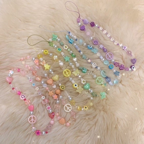 Phone Charm Strap, Phone Strap, Beaded Phone Charm, Y2K Cute Pastel Beads  Pink Peach Yellow Green Blue or Lilac Custom Personalized 