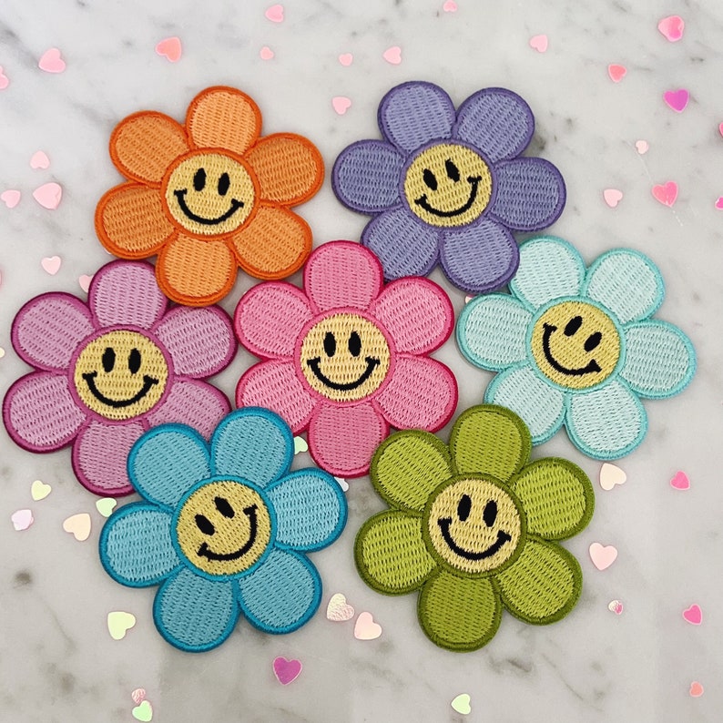Smiley Daisy Patch Embroidered Patches for Jackets Positivity Optimism & Good Vibes Retro Flower Patches Kidcore Smiley Face Patch image 1
