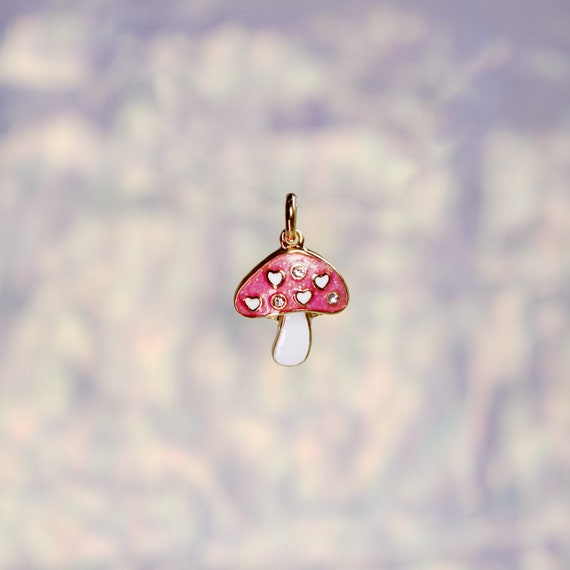 Pink Mushroom Charm - Cottagecore Jewelry - Pendant, Pink Glitter, Pave Crystal, & Gold - Tiny! Cute Friendship Gift - Wildflower Co Jewelry