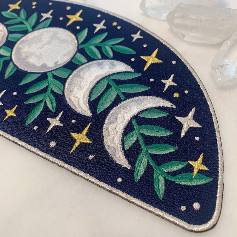Moon Phases Large Back Patch Iron On Embroidered Patches for Jackets Celestial Magical Midnight Navy & Metallic Wildflower Co. DIY image 2