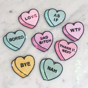 Candy Heart Patch Iron On Embroidered Applique As If Thank U Next Bad Bitch WTF Bored Nah Bye Love Pink Aqua Mint Yellow Lilac VSCO image 8