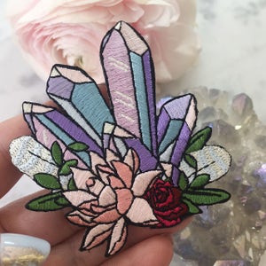 Crystal Patch Iron On Embroidered Patch Pastel Aura Crystals & Pink Lotus image 4