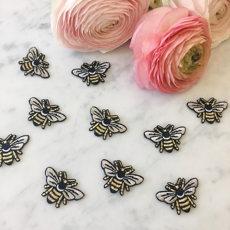 Tiny Bee Patch Iron On Embroidered Patches Metallic Gold image 2