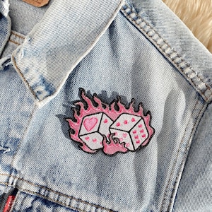 Flaming Dice Patch - Iron on Patch - Embroidered Patches for Jackets - Girlycore - Heart Dice Patch - Lucky Girl - Lucky Dice Accessories
