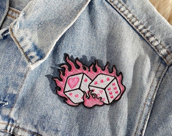 Flaming Dice Patch - Iron on Patch - Embroidered Patches for Jackets - Girlycore - Heart Dice Patch - Lucky Girl - Lucky Dice Accessories