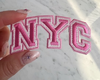 NYC Patch - Pink / Blue - Embroidered Iron On Patches for Jackets - New York City Travel Souvenir Patch - Cute Gift - Stocking Stuffers