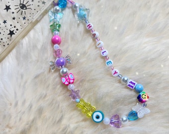 Phone Charm Strap, Phone Strap, Beaded Phone Charm, Y2K Cute Pastel Beads - Multi Pink Yellow Green Blue or Lilac - Custom Personalized