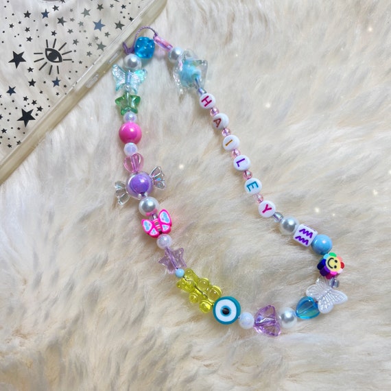 Phone Charm Strap, Phone Strap, Beaded Phone Charm, Y2K Cute Pastel Beads  Multi Pink Yellow Green Blue or Lilac Custom Personalized 
