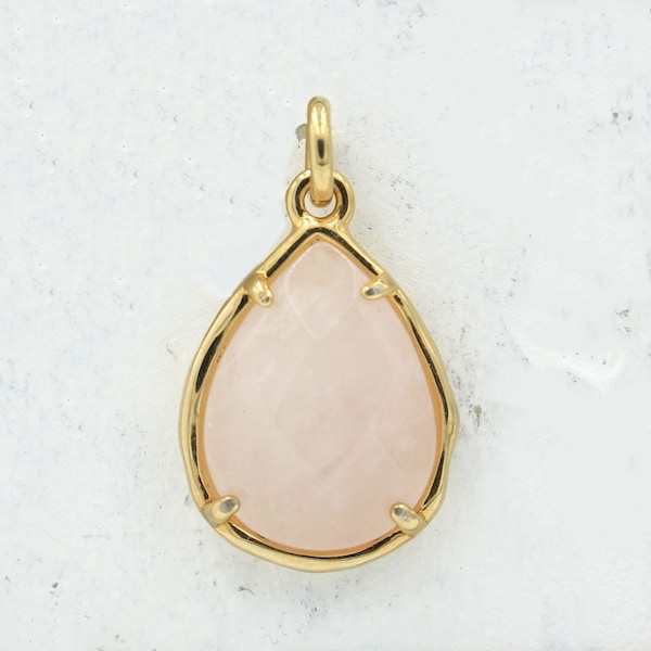 Rose Quartz Teardrop Pendant - Charm - Gold - Pink - Semi Precious Gemstone - Valentines Day Gift