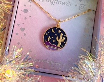 Desert Medallion Necklace - Free Spirit Cactus Moon Stars - Scenic Southwest Wanderlust - Gold & Enamel - Wildflower + Co. Jewelry Gift