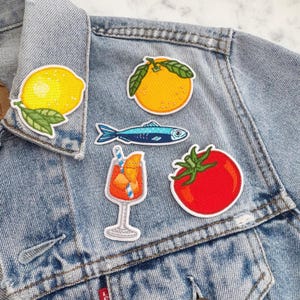 Italian Coastal - Aperol Spritz Tomato Sardine Lemon Clementine - Iron On Patch Embroidered Patches - Fruit Vegetable Fish Cocktail Gifts