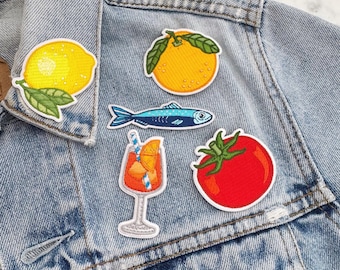 Italian Coastal - Aperol Spritz Tomato Sardine Lemon Clementine - Iron On Patch Embroidered Patches - Fruit Vegetable Fish Cocktail Gifts