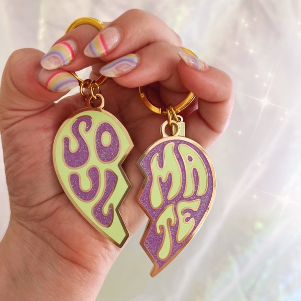 Best Friend Keychain - Soulmate Split Heart S/2 Enamel Keychains - Lilac & Lime - Best Friend Gift - Euphoria Bitch You're My Soulmate