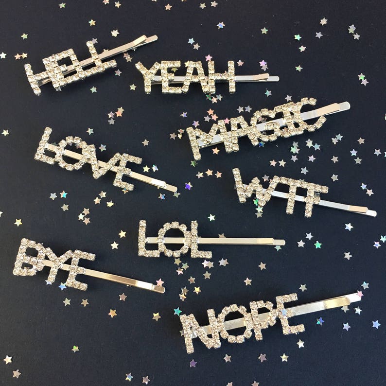 Crystal Word Bobby Pin Hair Accessory Barrette LOVE GRL PWR Bad Bitch Hell Yeah Magic Bride Sparkly Rhinestone Valentines Day Gift image 2