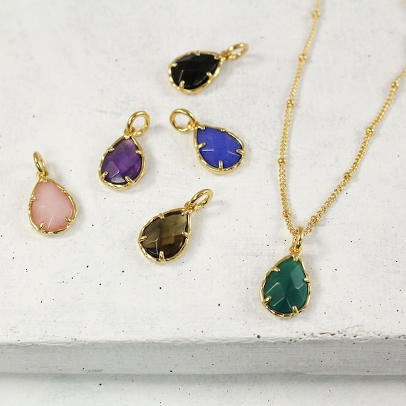 Dainty Gemstone Briolette Charm Pendant + Necklace / Bracelet - Personalized Jewelry Onyx Green Agate Amethyst Pink Jade Smokey Quartz Lapis