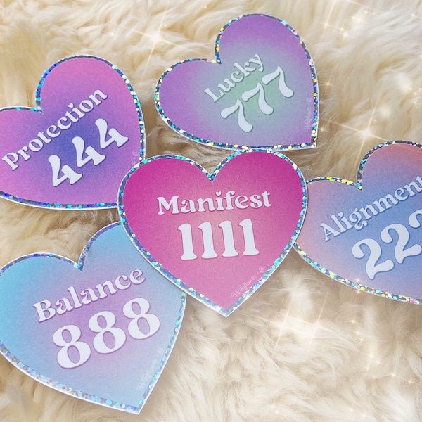 Angel Number Sticker 1111 222 333 444 777 888 - Manifest Protection Balance Lucky Alignment Guidance - Aura Holo Heart Aesthetic Stickers