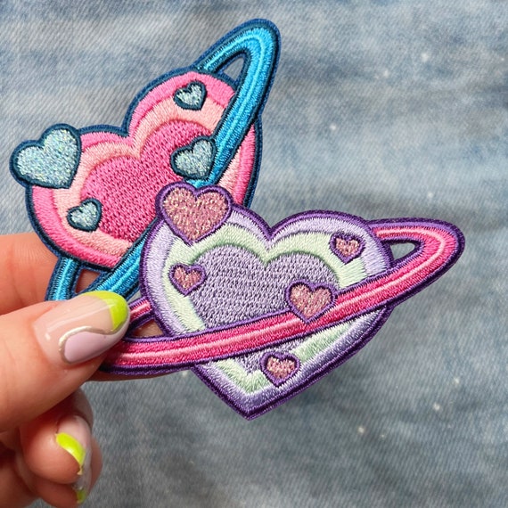 Heart Planet Patch Cute Space Embroidered Iron on Patch Pastel
