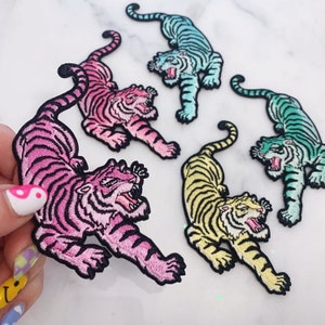 Pastel Tiger Patches - Pink Lilac Aqua Mint Yellow - Embrodered Iron On Patch - Patches for Jackets - Wildflower + Co. DIY