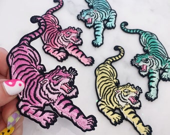 Pastel Tiger Patches - Pink Lilac Aqua Mint Yellow - Embrodered Iron On Patch - Patches for Jackets - Wildflower + Co. DIY