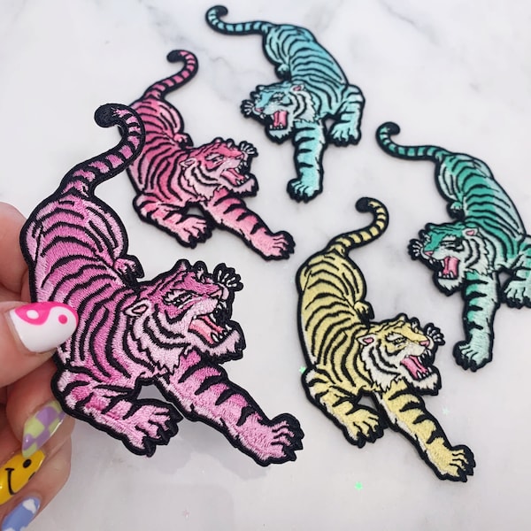 Pastel Tiger Patches - Pink Lilac Aqua Mint Yellow - Embrodered Iron On Patch - Patches for Jackets - Wildflower + Co. DIY