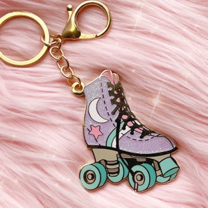 Roller Skate Keychain Roller Derby Roller Disco Celestial, Lilac Glitter Enamel Keychains Bag Charm Key Ring 80s Retro Keychains image 2