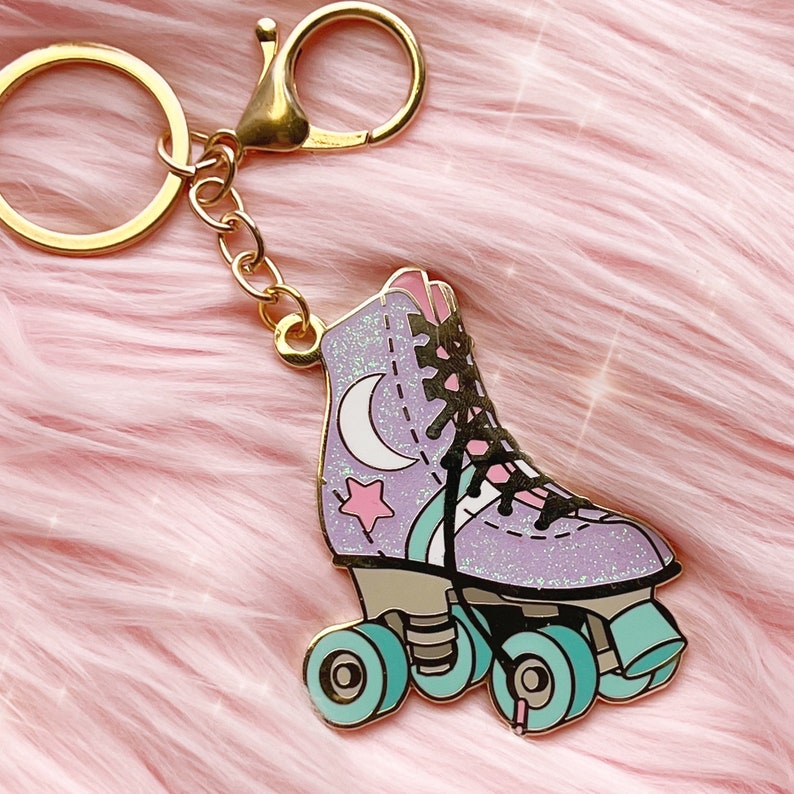 Roller Skate Keychain Roller Derby Roller Disco Celestial, Lilac Glitter Enamel Keychains Bag Charm Key Ring 80s Retro Keychains image 2