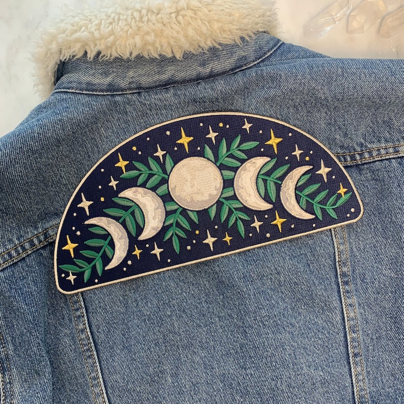 Moon Phases Large Back Patch Iron On Embroidered Patches for Jackets Celestial Magical Midnight Navy & Metallic Wildflower Co. DIY image 3