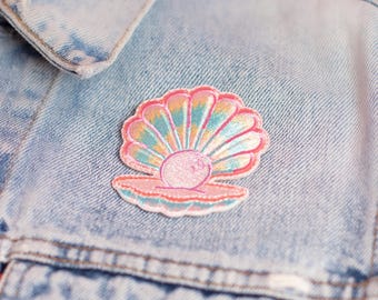 Seashell & Pearl Patch - Embroidered Iron On Patches for Jackets - Applique – Mermaid Shell - Ocean Aesthetic - Cute Gifts - Wildflower + Co