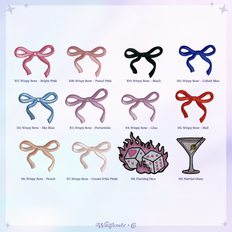 May include: A collection of embroidered patches featuring wispy bows in various colors, including bright pink, black, and cobalt blue. Also shown are a flaming dice patch and a martini glass patch. The text "Wildflower + Co." is at the bottom.
