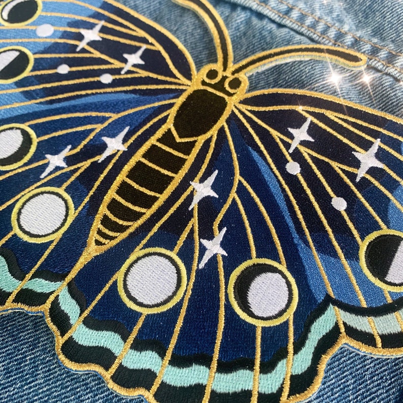 Lunar Butterfly XL Back Patch Patches for Jackets, Embroidered Iron On, Moon Phases, Stars & Night Sky Midnight Blue Wildflower Co. image 3