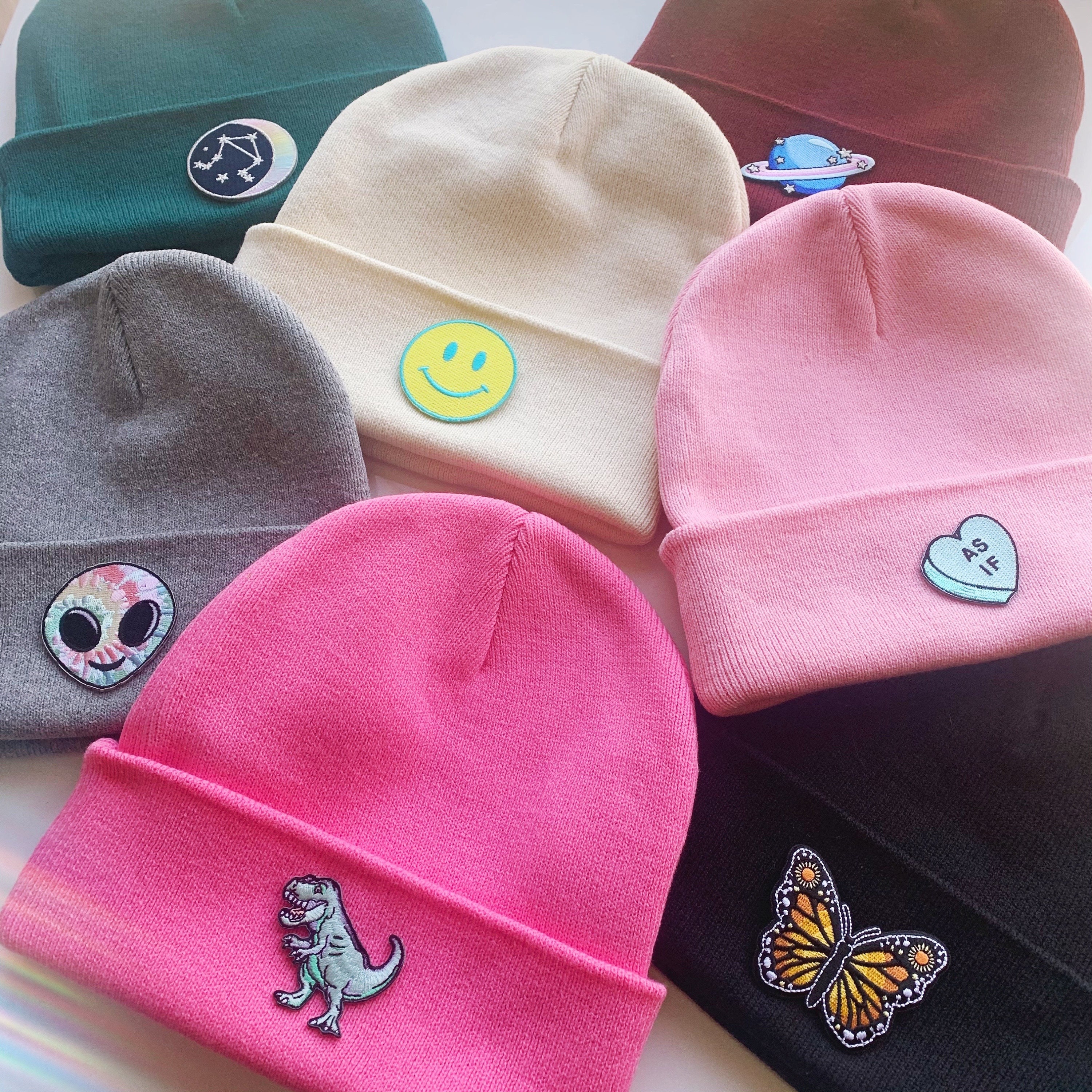 designer patched beanies — reworked vintage clothing and much more!