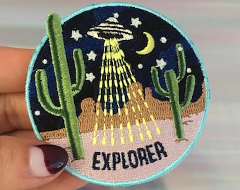 Explorer Patch - Outer Space UFO Alien - Area 51 Desert Cactus - Patches for Jackets - Embroidered Iron On, Wildflower + Co.