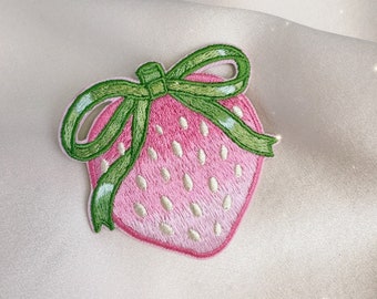 Strawberry w/ Bow Patch - Pink Iron on Patch Coquette Royalcore Girlycore Aesthetic Embroidered Patches for Jackets - Strawberry Accessories